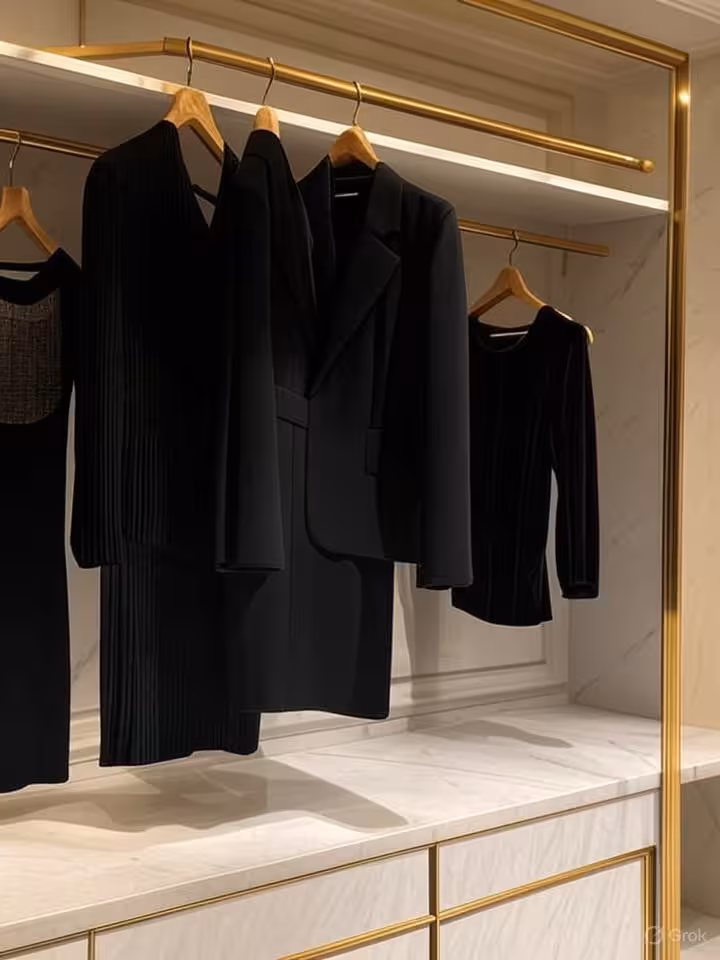 Elegant minimalist closet with carefully curated luxury wardrobe, featuring neutral toned designer p