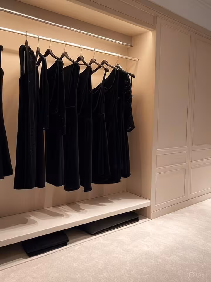 Elegant minimalist luxury wardrobe with designer clothes on velvet hangers, soft lighting, champagne