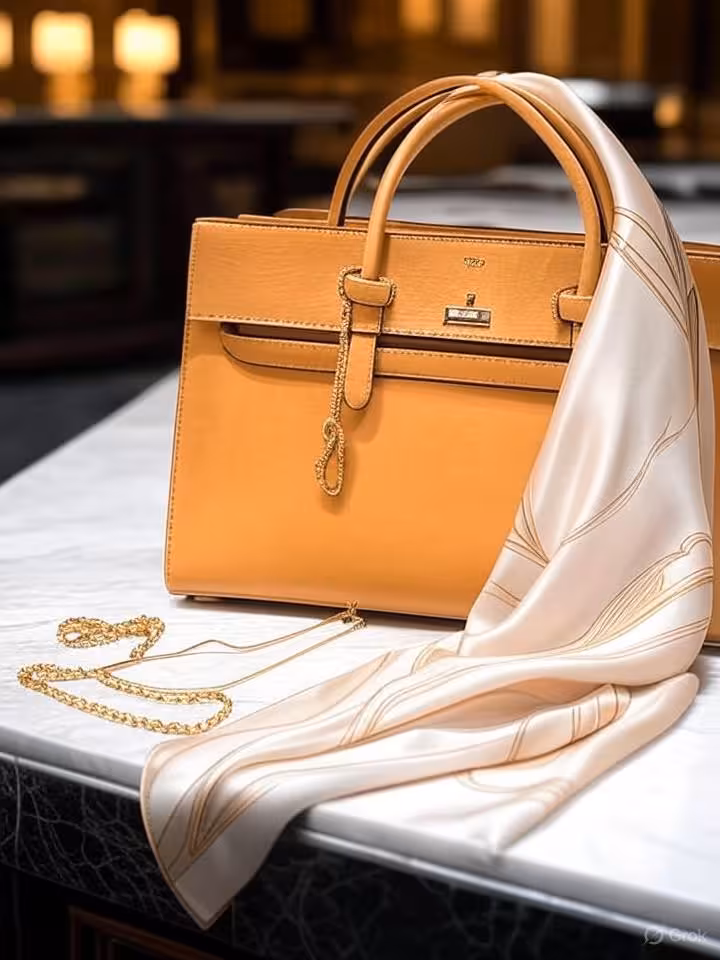 Luxury leather handbag and designer accessories displayed on marble surface, gold jewelry and silk s