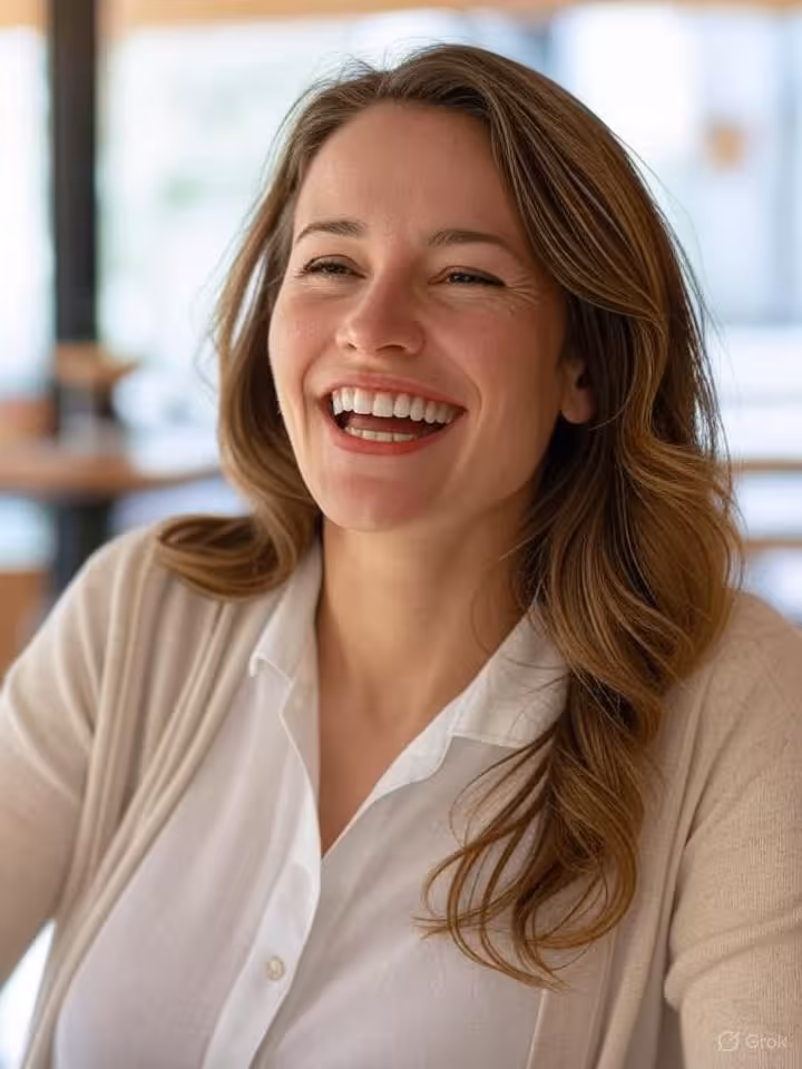 Professional dating profile photo setup showing fashionable woman in natural daylight at cafe, laugh