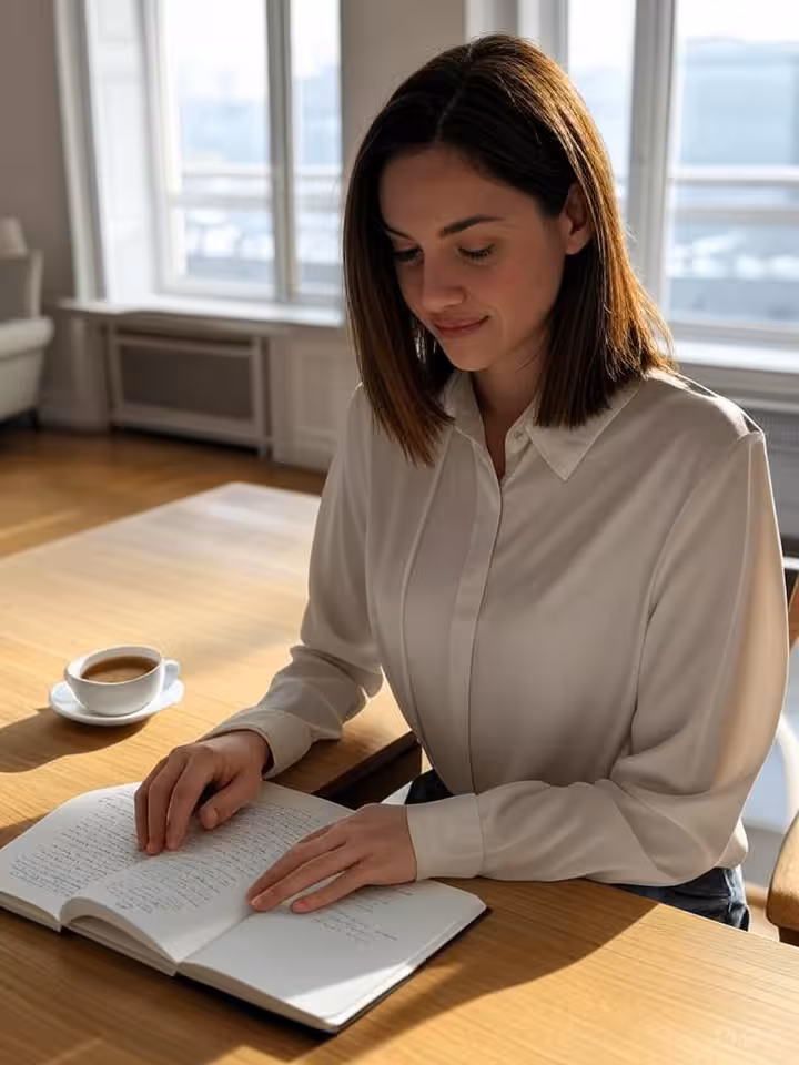 Young professional woman journaling in elegant minimalist apartment, morning light through large win