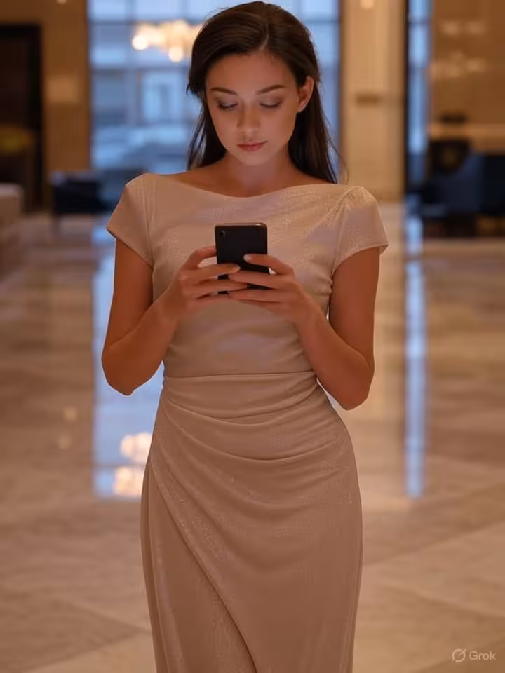 Stylish young woman in elegant attire checking phone in luxury hotel lobby, marble floors and modern
