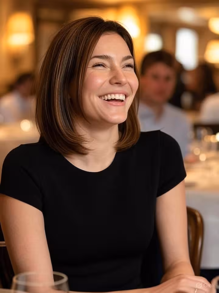 Young professional woman laughing genuinely during conversation at upscale restaurant, candid moment