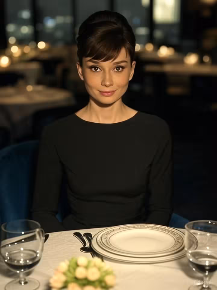 First date scene at elegant restaurant, beautifully dressed woman in little black dress, sophisticat