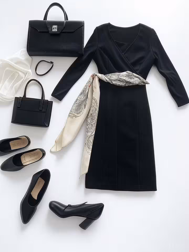 Flat lay of perfectly coordinated luxury outfit on white background, mix of high-end and affordable 