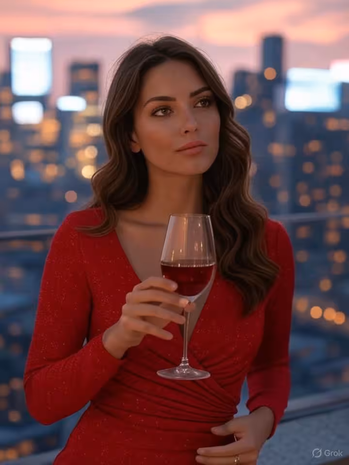 Woman in elegant dress enjoying wine on rooftop terrace at sunset, city lights background, sophistic