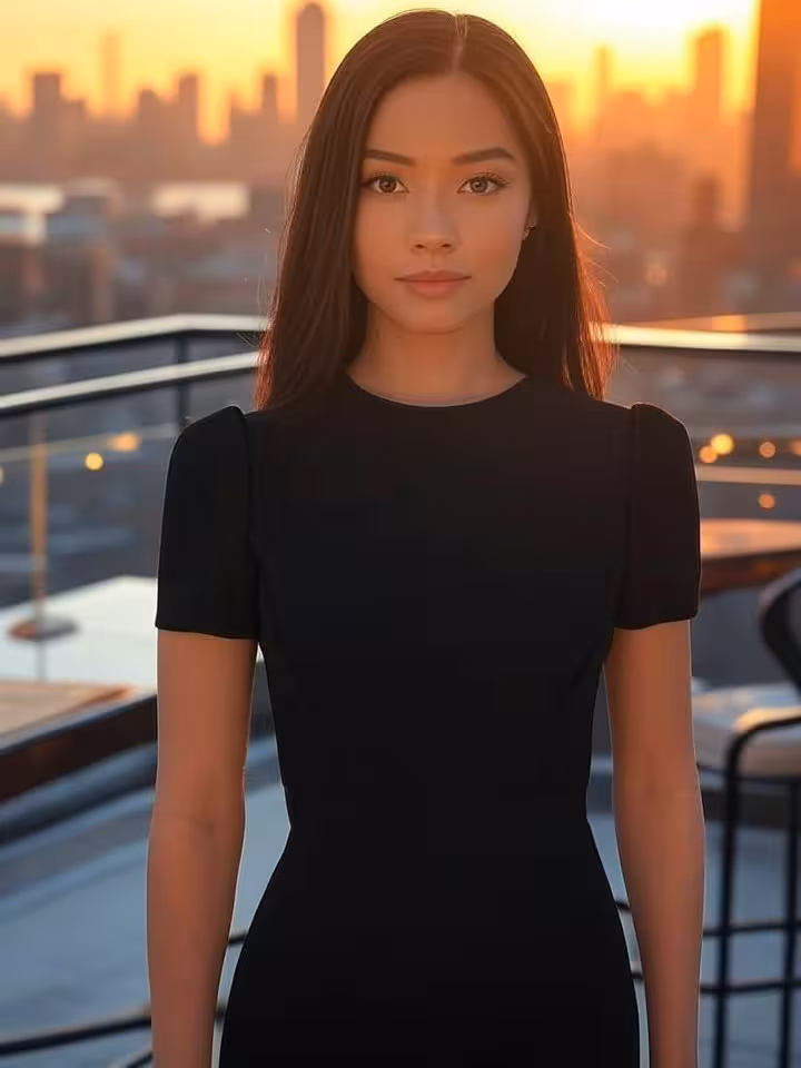 Elegant young woman in sophisticated black cocktail dress standing confidently in upscale Manhattan