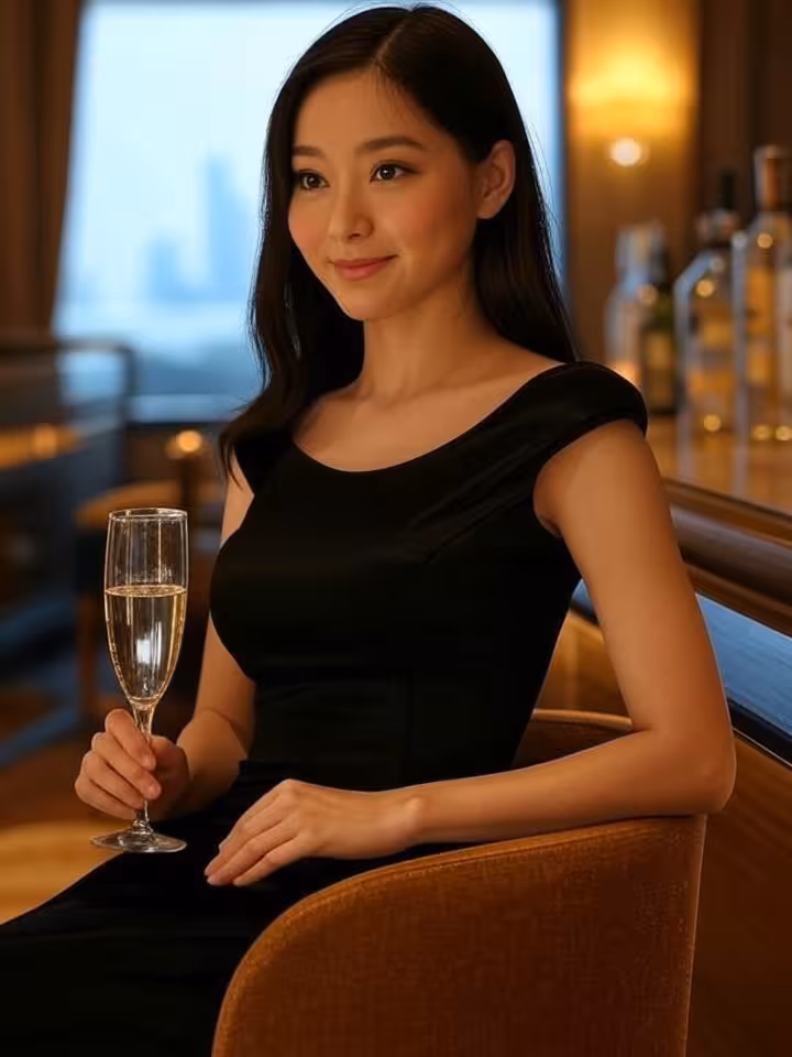 Elegant young woman in sophisticated evening attire sitting at upscale bar with champagne glass, war