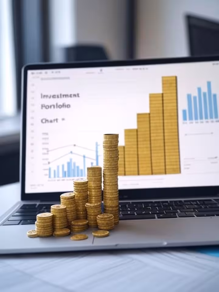 Financial growth visualization, ascending bar graph with gold coins and currency, investment portfol