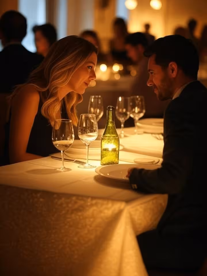Sophisticated dinner date scene in five-star restaurant, intimate table setting with wine glasses an