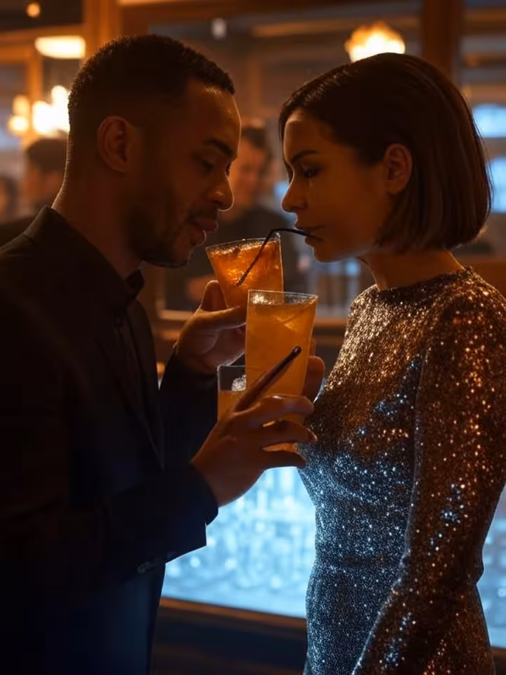 Close-up intimate moment at upscale bar, two people making eye contact across cocktails, jazz club a