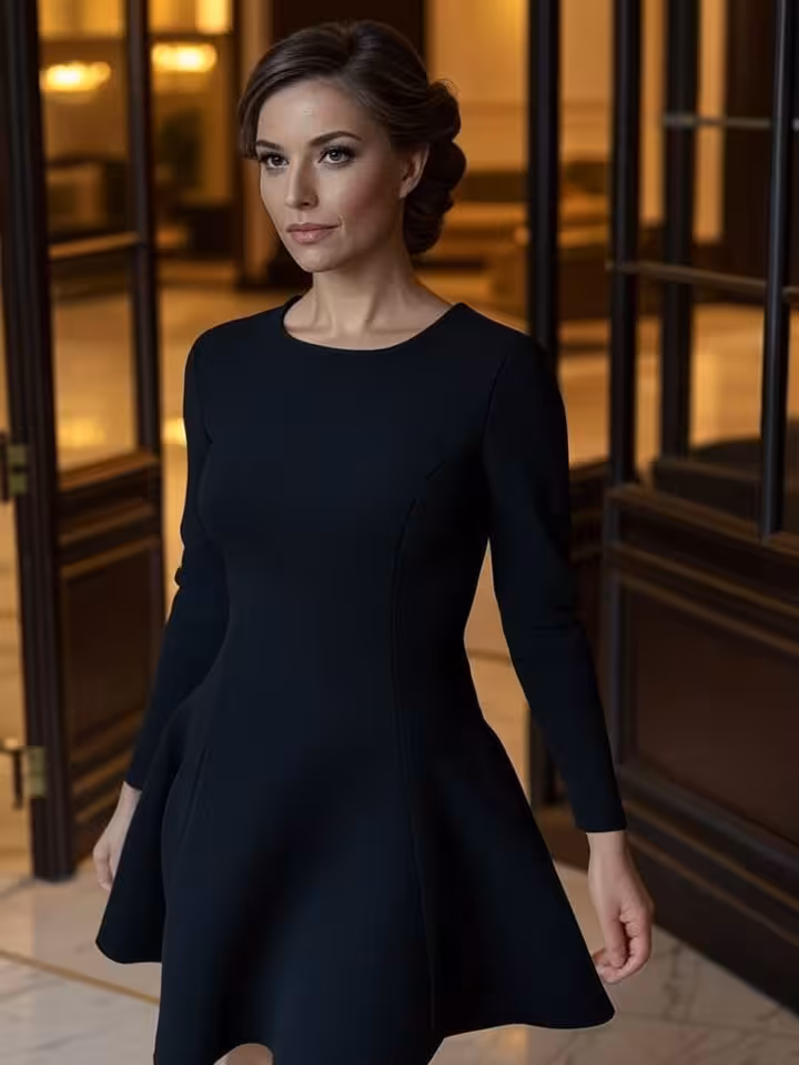 Elegant woman in little black dress entering luxury hotel lobby, cinematic composition, sophisticate