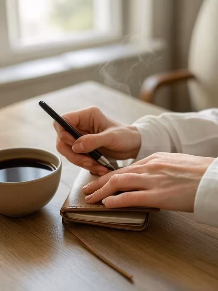 Close-up of woman's hands writing in leather journal, morning coffee beside, self-care ritual, soft 