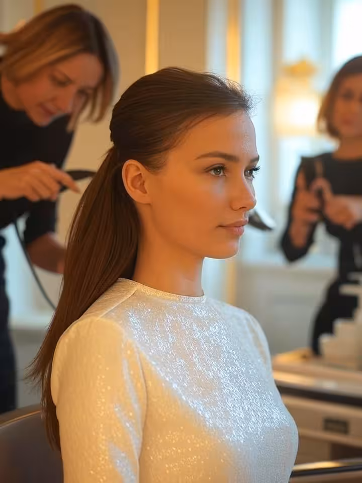 Professional beauty salon scene with woman getting hair styled in mirror reflection, luxury spa atmo