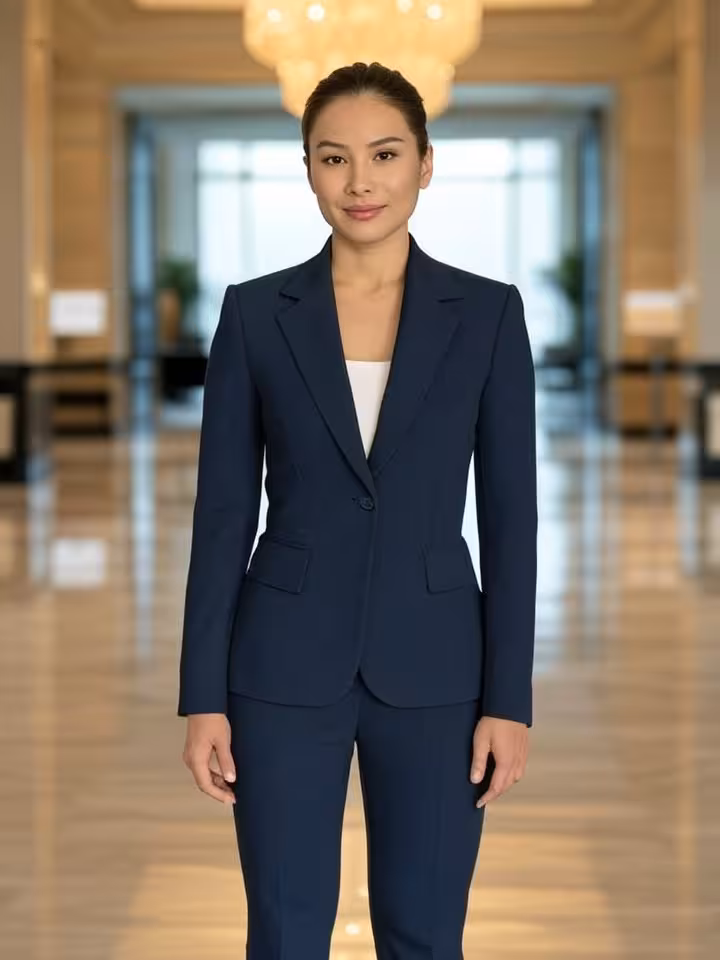 Confident woman in elegant outfit standing in luxury hotel lobby, marble floors and chandelier, soph
