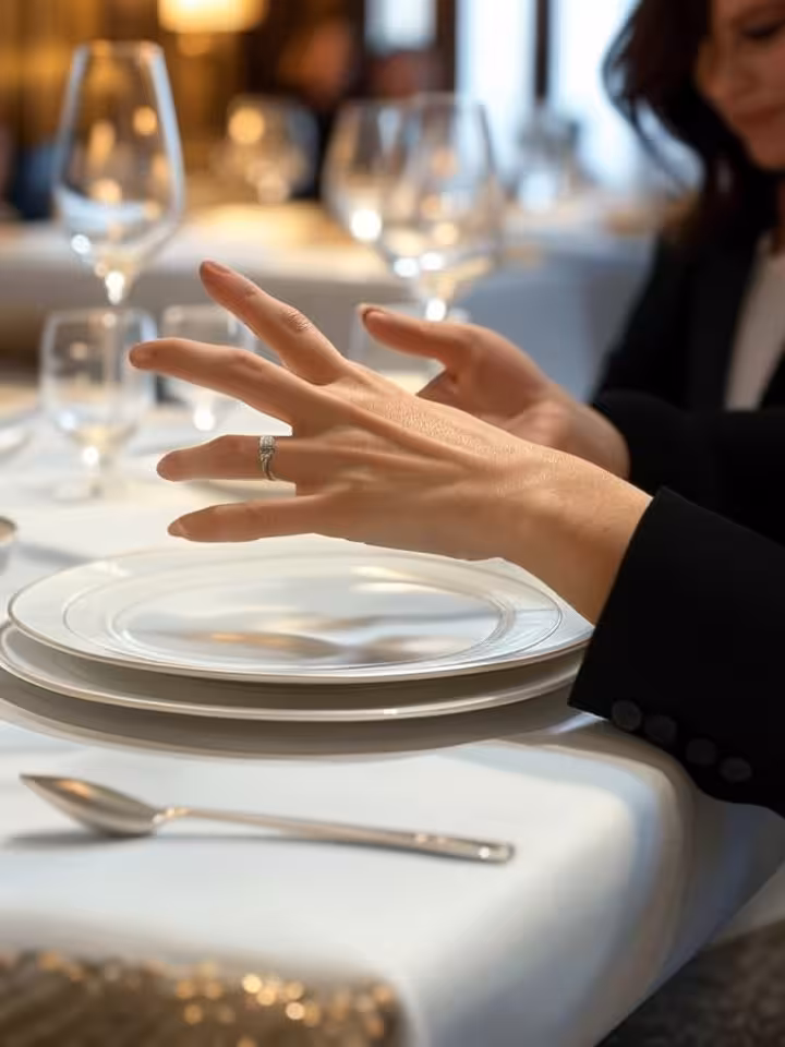 Elegant woman's hands gesturing gracefully during conversation at fine dining table, wine glasses, a