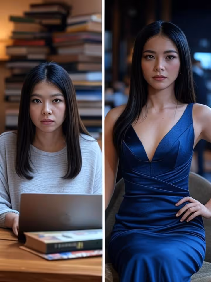 Split composition showing woman's dual life: one side studying with books and laptop, other side dre