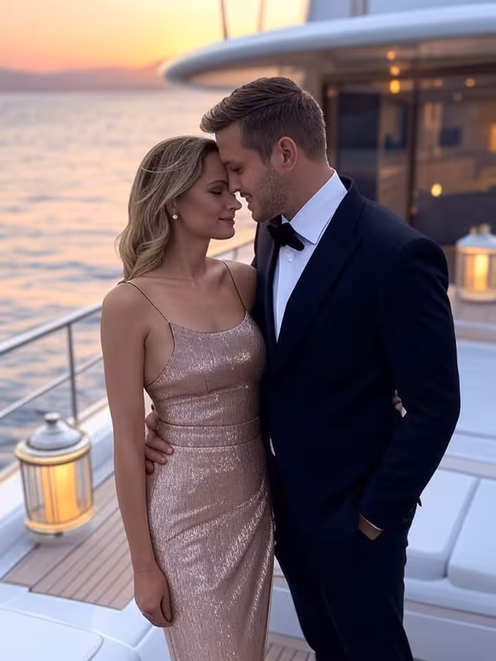 Sophisticated couple on luxury yacht deck, body language showing connection and comfort, sunset gold
