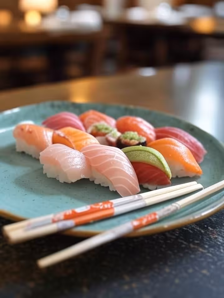 Beautifully plated omakase sushi arrangement on traditional Japanese ceramic, high-end restaurant se