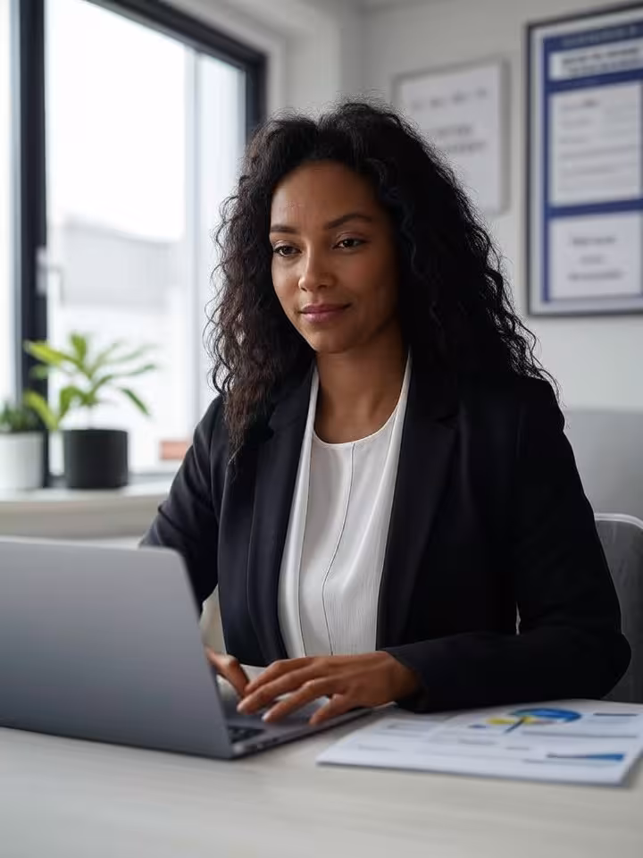 Independent confident woman working on laptop in stylish modern apartment, vision board with goals, 