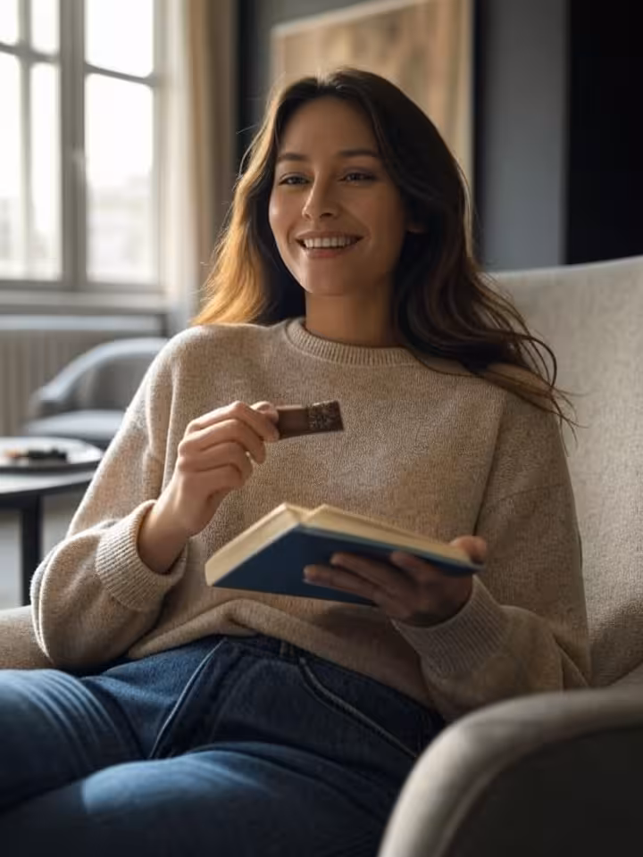 Happy woman enjoying solo moment with book and artisanal chocolates in cozy luxury apartment, soft a