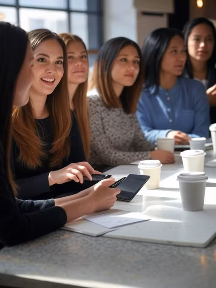 diverse group of successful young women having coffee and discussing finances in trendy urban settin