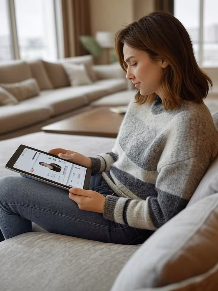 Woman with tablet checking profile on dating website, cozy upscale apartment interior, soft natural 