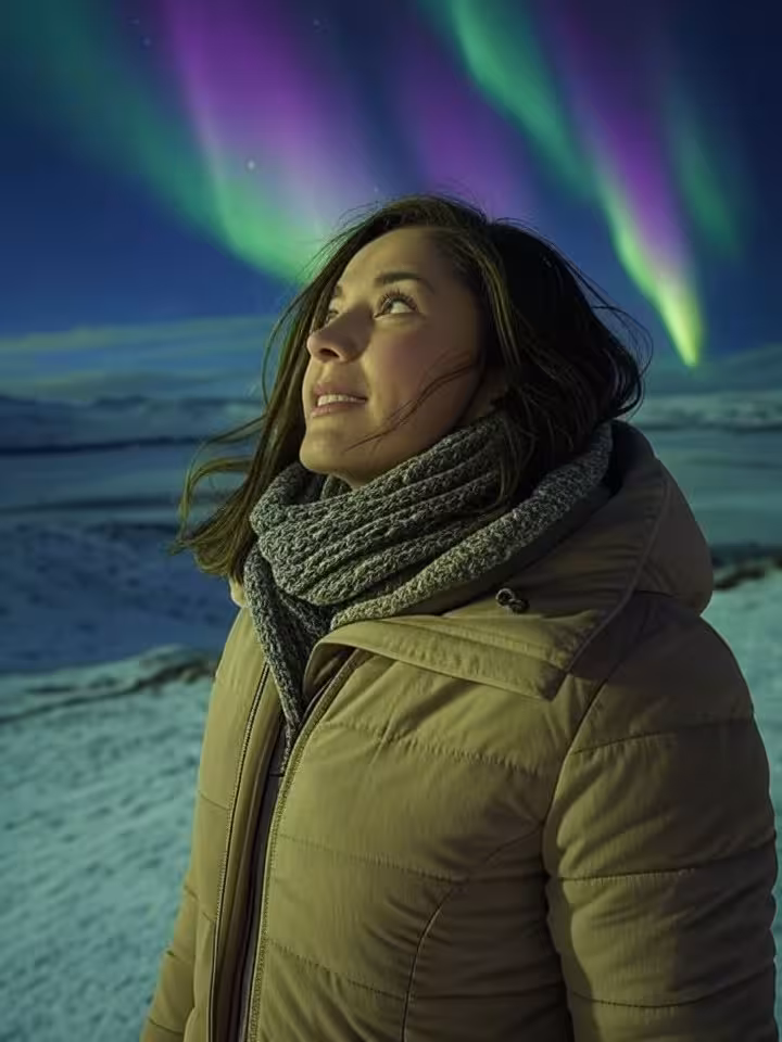 Woman traveling alone looking at Northern Lights in Iceland, winter landscape, adventure and indepen