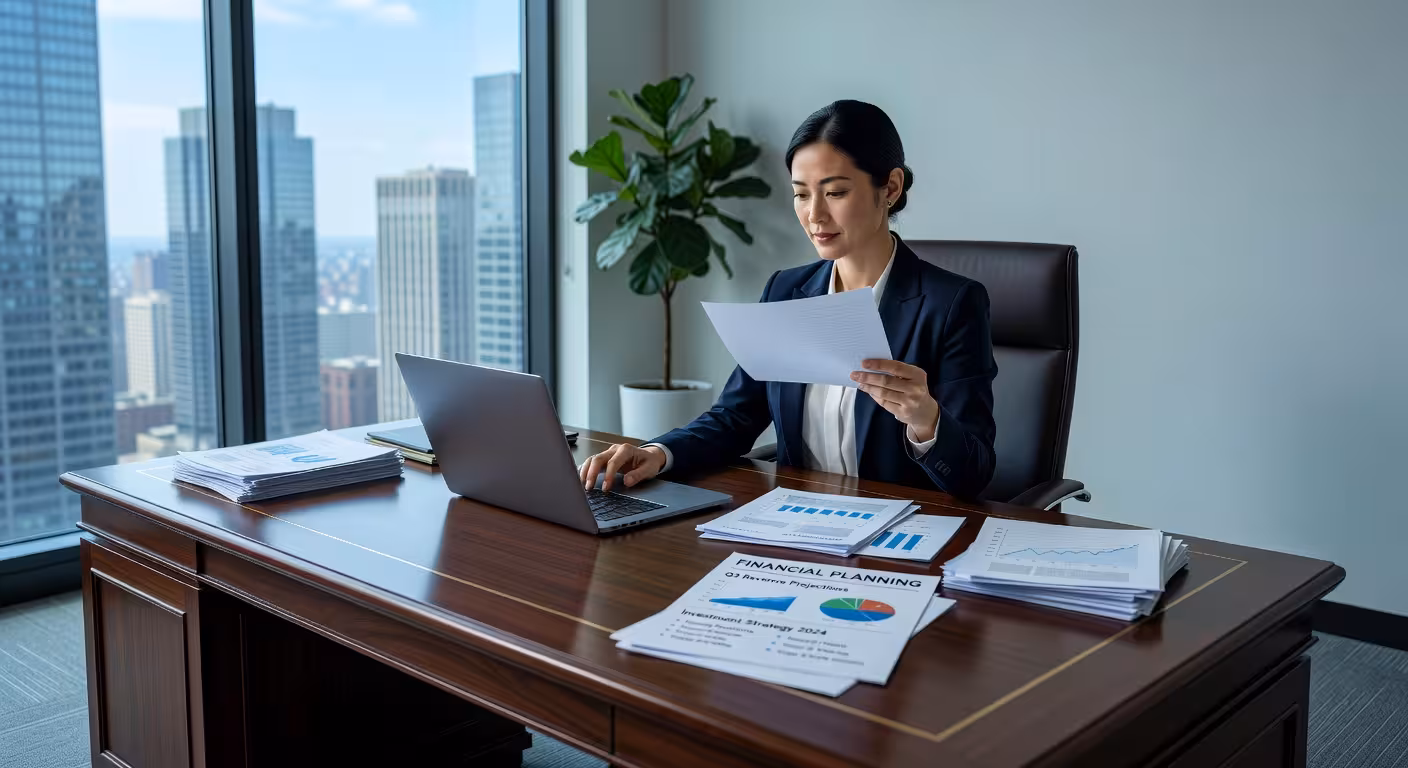 Professional woman reviewing documents at elegant desk with laptop, financial planning papers, confi