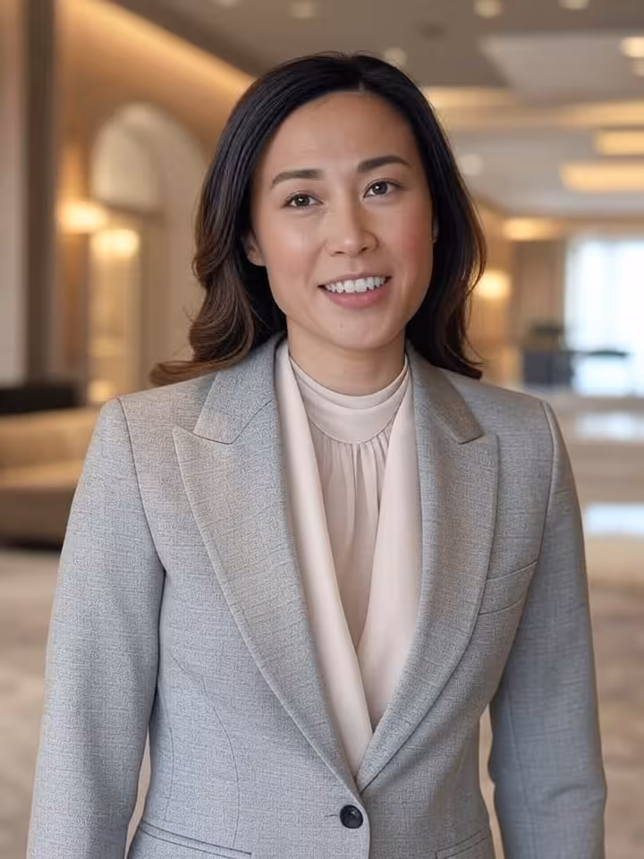 Elegant woman in business casual attire having confident conversation in upscale hotel lobby, sophis