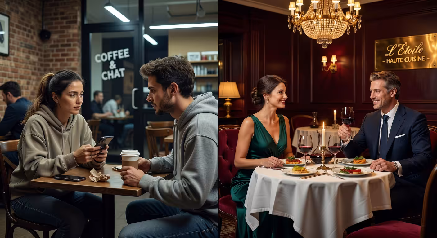 Two contrasting scenes: mediocre coffee date versus luxury fine dining experience, visual comparison