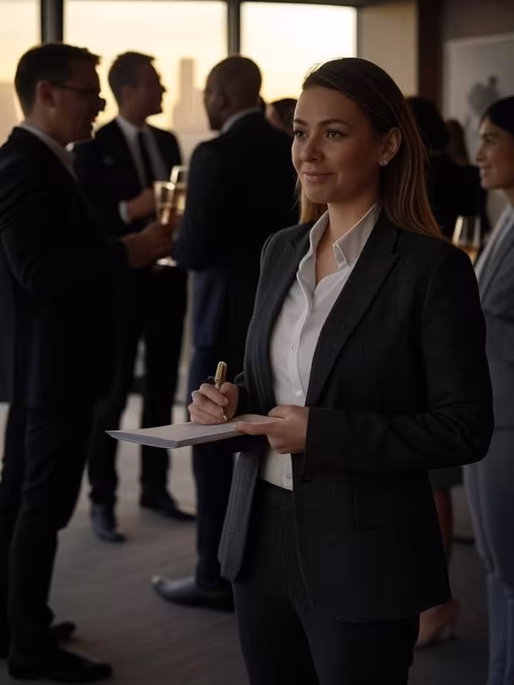 Diverse group of entrepreneurs networking at upscale business event, champagne glasses, modern venue