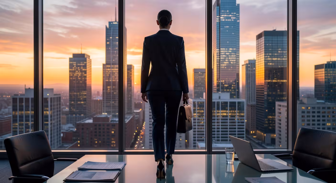 Woman walking away confidently from negotiation table, power stance, urban skyline background, sunse