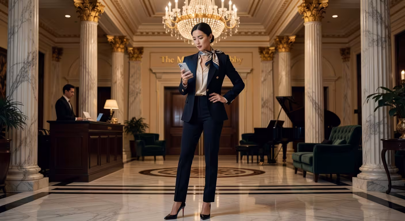 Elegant woman at high-end hotel lobby, designer outfit, checking phone with selective expression, lu