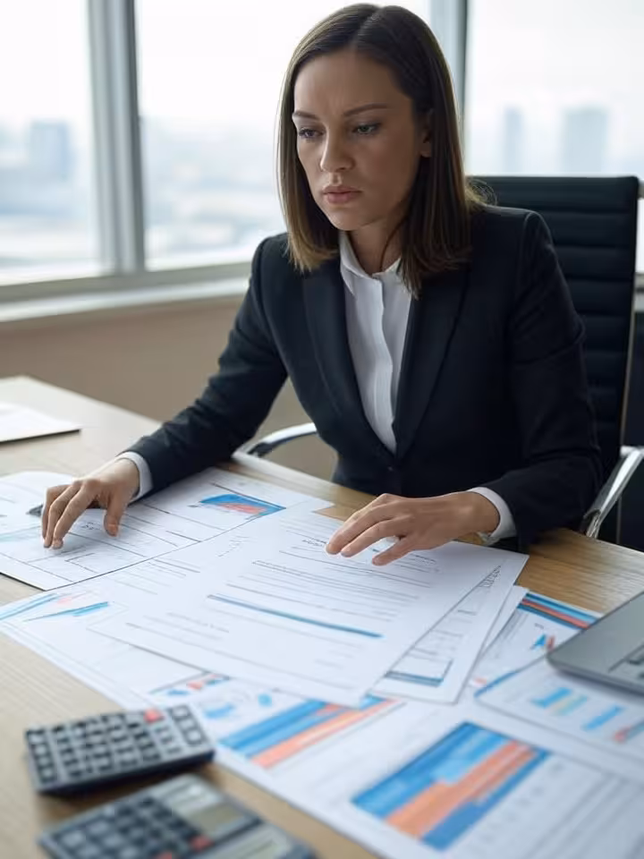 Woman reviewing business documents and financial charts at desk, calculator and laptop visible, dete