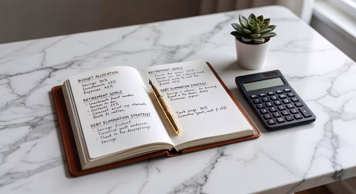 Close-up of leather-bound journal with financial planning notes and calculator on marble desk, gold