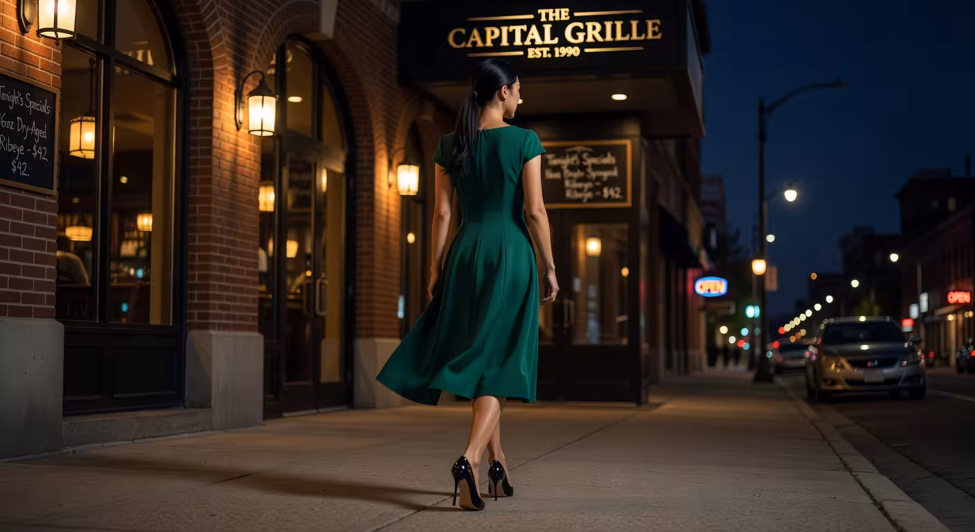 Elegant young professional woman walking confidently away from upscale restaurant at night, city lig