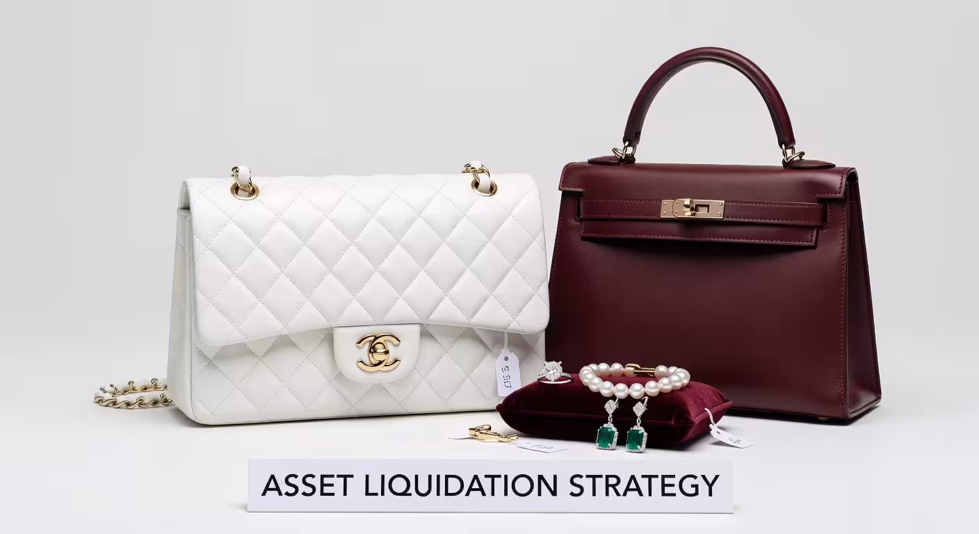Luxury designer handbag and jewelry displayed on white backdrop for resale photography, professional