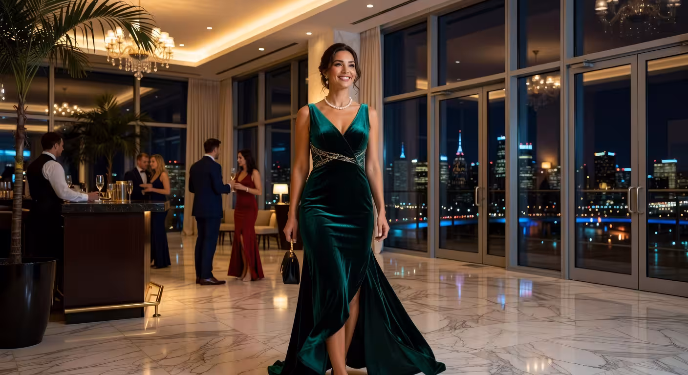 elegant young woman in sophisticated cocktail dress arriving confidently at upscale evening party, m