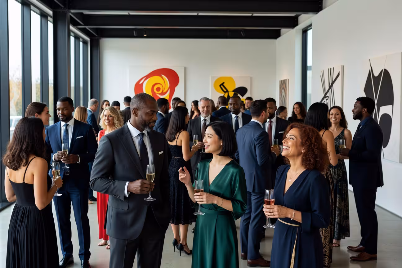 diverse group of well-dressed people engaged in animated conversation at elegant cocktail party, cha