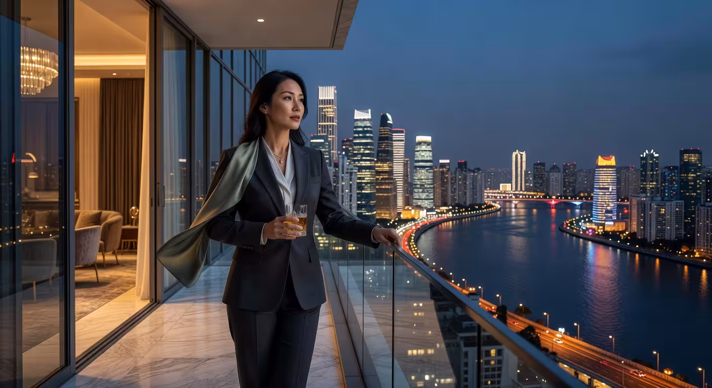 sophisticated woman taking brief moment alone on luxury venue balcony, city lights below, contemplat