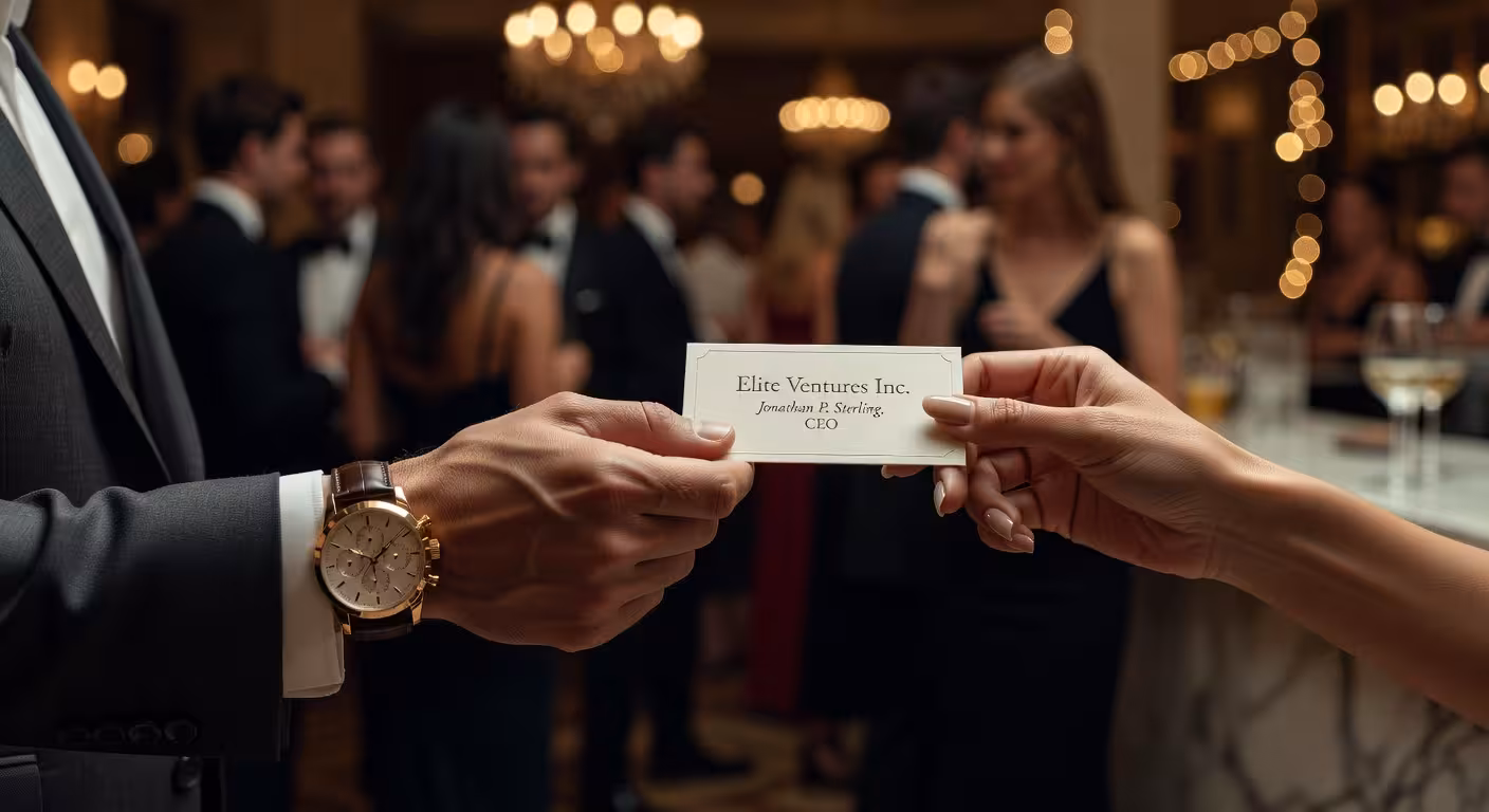 elegant hands exchanging business cards or phone numbers at upscale social event, luxury watch visib