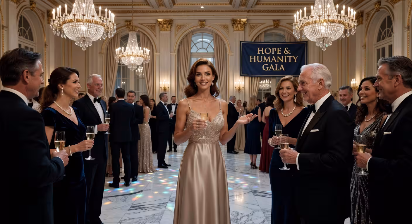 beautiful woman in evening dress gracefully mingling between conversation groups at high-end charity